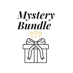 May include: A black and white illustration of a gift box with a bow and three question marks above it. The text "Mystery Bundle" is above the gift box.