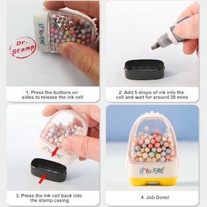 May include: A clear plastic stamp with a yellow base and a white lid. The stamp has a compartment filled with colorful beads and the text "be yourself" printed on the front. The stamp is shown in four steps: 1. Pressing the buttons on the sides to release the ink cell. 2. Adding 5 drops of ink into the cell. 3. Pressing the ink cell back into the stamp casing. 4. Job done!