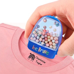 Dr. Stamp. Custom clothing name stamp for school children, nursery kids, baby, toddler. Special washable ink for clothes, uniform, fabric.
