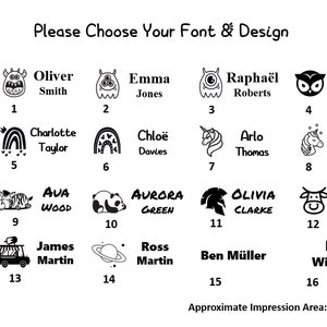 May include: A black and white graphic design chart showing 16 different font and design options for personalized stamps. Each option includes a unique graphic and a sample name. The chart includes the text "Please Choose Your Font & Design" and "Approximate Impression Area: 35x12mm".