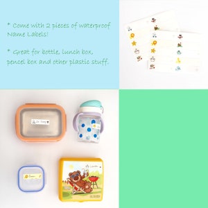 May include: Two sets of waterproof name labels with a variety of colorful cartoon designs. The labels are shown on a lunchbox, a water bottle, and a small container. The text on the labels reads "Dr. Semp", "Ema", and "Lovisa".