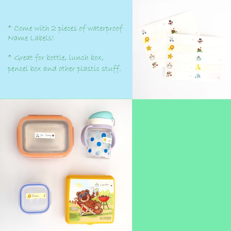 May include: Two sets of waterproof name labels with a variety of colorful cartoon designs. The labels are shown on a lunchbox, a water bottle, and a small container. The text on the labels reads "Dr. Semp", "Ema", and "Lovisa".