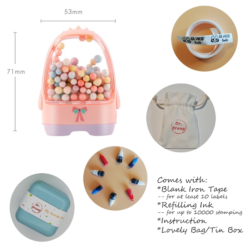 May include: A pink and purple toy stamp machine with a clear lid filled with colorful beads. The machine is 7.1 inches tall and 2.1 inches wide. The set includes a bag, ink, iron-on tape, and instructions.