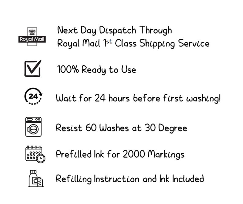 May include: Black and white icons with text describing the features of a stamp. The icons include a Royal Mail logo, a checkmark, a clock with a 24 inside, a washing machine, a calendar with a clock, and a bottle with a label. The text reads: Next Day Dispatch Through Royal Mail 1st Class Shipping Service, 100% Ready to Use, Wait for 24 hours before first washing!, Resist 60 Washes at 30 Degree, Prefilled Ink for 2000 Markings, Refilling Instruction and Ink Included.