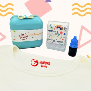 Dr. Stamp - personalised name stamper for kids clothes school uniform. Special washable ink, no come off stick name labels in the wash!