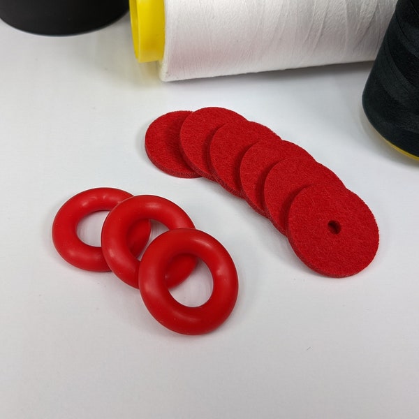 Red Bobbin Winder Tire With Red Felt Pads (3 Sets) Rubber tire for Singer Kenmore and most vintage sewing machines