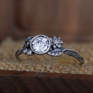 Twig and Leaf Engagement Ring, Branch and Leaves Ring with CZ, Unique Branch Floral ring, Tree Bark Ring Sterling Silver