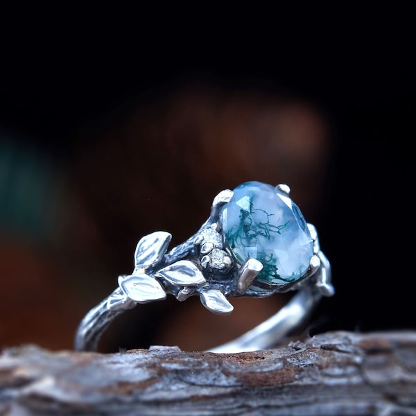 Moss Agate ring, Oval Moss Agate and Diamond ring, engagement ring, unique leaf ring, unique branch engagement, moss agate engagement ring