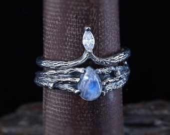 Vintage Mondstein Verlobungsring Set Zweig Zweig Alternativer Sterling Silber Ring Art Deco Verlobungsring Unikat Jahrestag Ring
