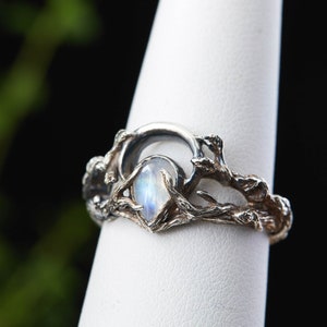 Anillo de piedra lunar en plata de ley oxidada: Fern Luna Celestial Jewelry