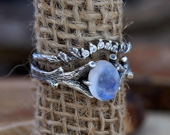 Moonstone Twig Engagement Ring Set Sterling Silver, Handmade Ring with gemstones Unique Nature Inspired engagement ring for Her