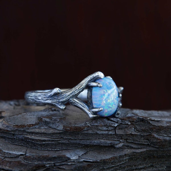 Sterling silver branch engagement ring with Opal, Unique twig ring, Vintage style engagment ring, Nature inspired ring, Gift for her