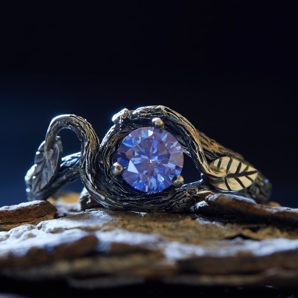 Bague de fiançailles brindille et feuille, bague de fiançailles branche et feuilles avec améthyste, bague unique brindille argent branche, cadeau pour elle