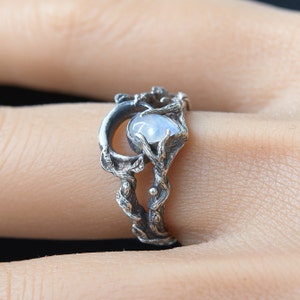Moon engagement ring, Moonstone sterling silver statement ring, Celestial ring natural moonstone, Branch and moon double ring, Leaf ring