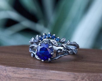 Elvish Engagement Ring with sapphire, Twig engagement ring set, Fern branch bridal ring set, Leaves engagement ring gift