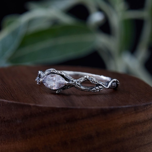 Twig Engagement Ring Sterling Silver, Twist Branch Ring with Marquise cut Stone, Boho Engagement Ring Sculpted Leaves, Nature Silver Ring