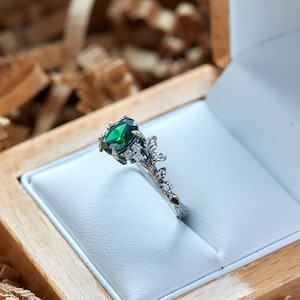Oval Emerald engagement silver ring art deco vintage prong set ring branch band unique anniversary leaf ring