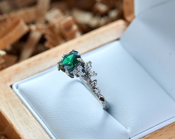 Oval Emerald engagement silver ring art deco vintage prong set ring branch band unique anniversary leaf ring