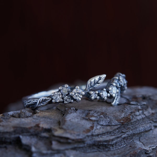 Unique Floral Vintage Wedding band, Sterling Silver Twig Stacking ring, Branch Engagement ring matching Bridal set Promise Gift for her