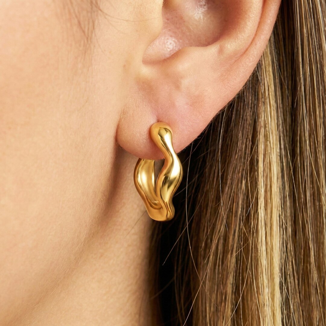 Liquid Shape Hoopies Gold, 18K Gold Huggie Irregular Shaped Elegant ...