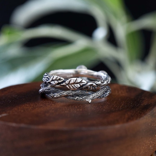 Twig Stacking Set Branch Leaves ring Sterling Silver, Wedding set 2 pcs Willow Twig ring with Sculpted Leaves, Vintage Nature ring set