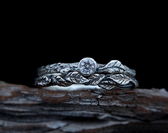 Moissanite Branch leaf ring set, sterling silver twig matching rings, vintage wedding ring set 2pcs, boho stacking ring nature inspired