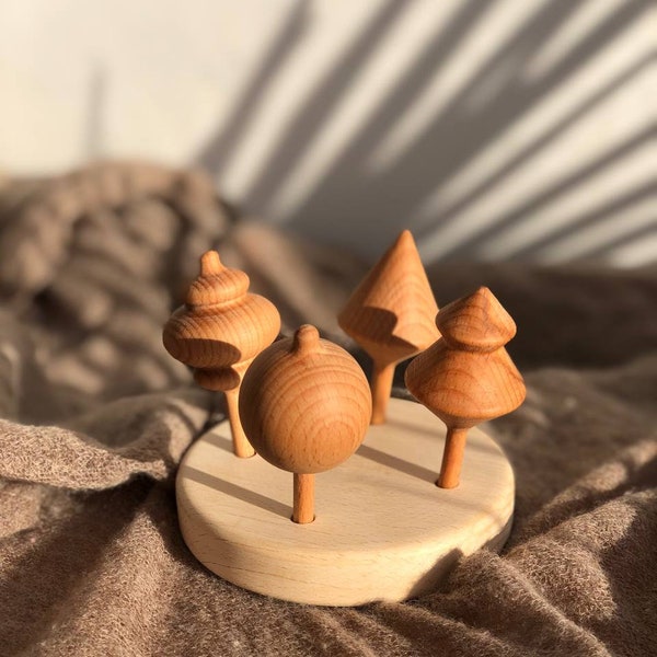 Wooden spinning tops set 4 pieces and stand Gift for kids
