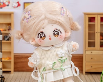 20cm Cotton Doll and Clothes Suits,kawaii Plush doll Knitting Vest, White Shirt, Leather Pleated Skirt