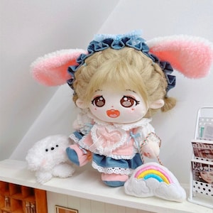 20cm Cotton Doll and Doll Clothes, Blue Pink Dress and Rainbow Bag  for Plush Doll