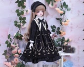 【試着のみ】DOLL ORGANZA TUCK DRESS (BLACK) 1/4 1/6 BJD Doll Retro Black Dress, Bow Knot Bell Decoration