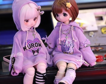 1/4 1/5 1/6 MDD MSD BJD Doll Outfits, Print Long Hooded Sweatshirt, Socks, Necklace