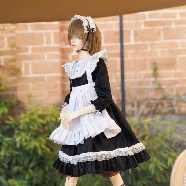 1/3 1/4 1/6 BJD Doll Full Set, DD MSD Short Maid Dress, Diadema + Delantal + Vestido Doll Maid Outfit Uniform Set