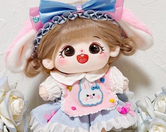 Vestido de muñeca de algodón de 20cm, vestido de sirvienta de conejo para muñeca de felpa, vestido rosa azul de princesa hecho a mano, diadema y zapatos