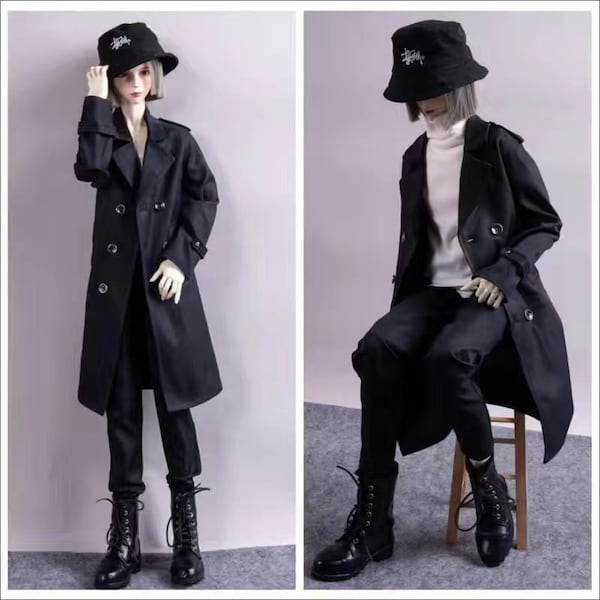 Black Khaki BJD Doll Trench Coats Double-Breasted Long Coat and Pants, 1/3 1/4 MSD SD13 SD17 Long Overcoat Jacket and Pants