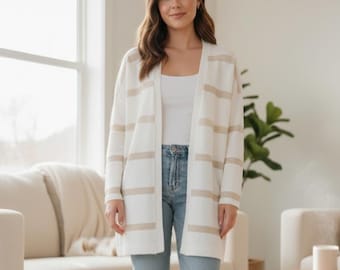 Long Wool Blend Open Cardigan | Subtle Gold Stripe Knit | Lightweight Layering Cardigan