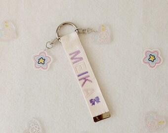 Personalized Embroidered Name Tag: Purple Bow Bag Tag, Custom Keychain