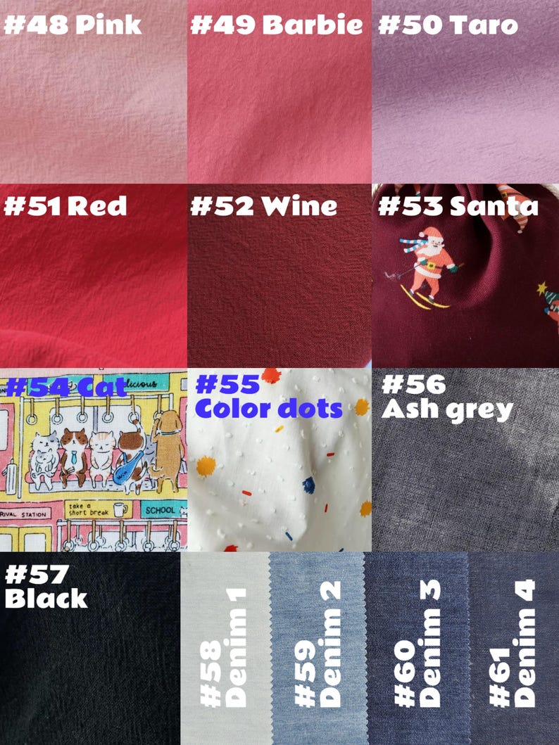 May include: A selection of fabric swatches showcasing diverse colours and patterns. Includes pink, red, wine, and denim shades. Also features a Santa-themed fabric, a cat print, a white fabric with coloured dots, and a black fabric.