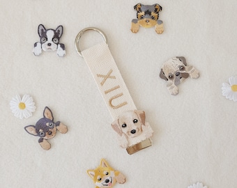 Personalized Embroidered Name Tag • Custom Cotton Bag Tag & Keychain • Puppy Design Options