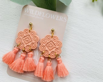 Peach - Hmong "Elephant's Foot & House" Motif/Symbol - Polymer Clay Earrings