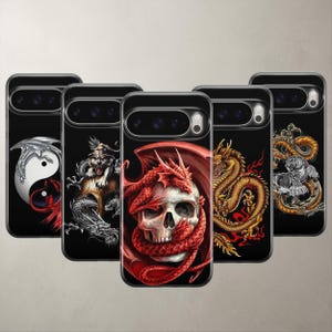 Five epic dark fantasy phone cases for Google Pixel 11 Pro XL, 10A, and 9 devices featuring premium protective silicone covers. Includes stunning detailed artwork of fierce dragons, mystical beasts, and gothic skulls on a black background. Perfect aesthetic gift for dark art lovers and gamers. Clear shockproof gel cases with heavy-duty protection that leave camera borders completely safe