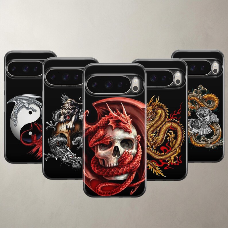 Five epic dark fantasy phone cases for Google Pixel 11 Pro XL, 10A, and 9 devices featuring premium protective silicone covers. Includes stunning detailed artwork of fierce dragons, mystical beasts, and gothic skulls on a black background. Perfect aesthetic gift for dark art lovers and gamers. Clear shockproof gel cases with heavy-duty protection that leave camera borders completely safe