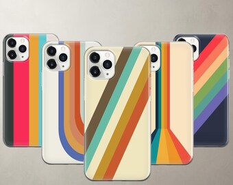 Capa de celular retrô listrada dos anos 70, estilo vintage, para iPhone 18 Pro Max, 17, 16e, 15, 13, Pixel 11 Pro XL, 10A, 9, 8A, 8 Pro. Estética groovy com arco-íris.