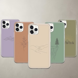 May include: Five smartphone cases in lavender, terracotta, beige, sage green, and olive green. Each case features a thin black line art illustration: mountain peaks, a leafy branch, a winding river landscape, a pine tree on a cliff, and a sun over a forest.