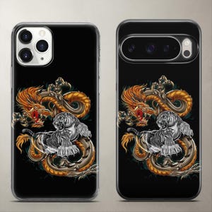 Intense wildlife and fantasy phone case featuring a fierce mythical battle between a white tiger and a golden dragon, shown on Apple iPhone and Google Pixel. Perfect aesthetic gift for dark art lovers and epic mythology fans. Accurately scaled to fit the heavy camera layouts of the newest models while keeping the highly detailed, dynamic epic illustration perfectly intact for daily heavy use