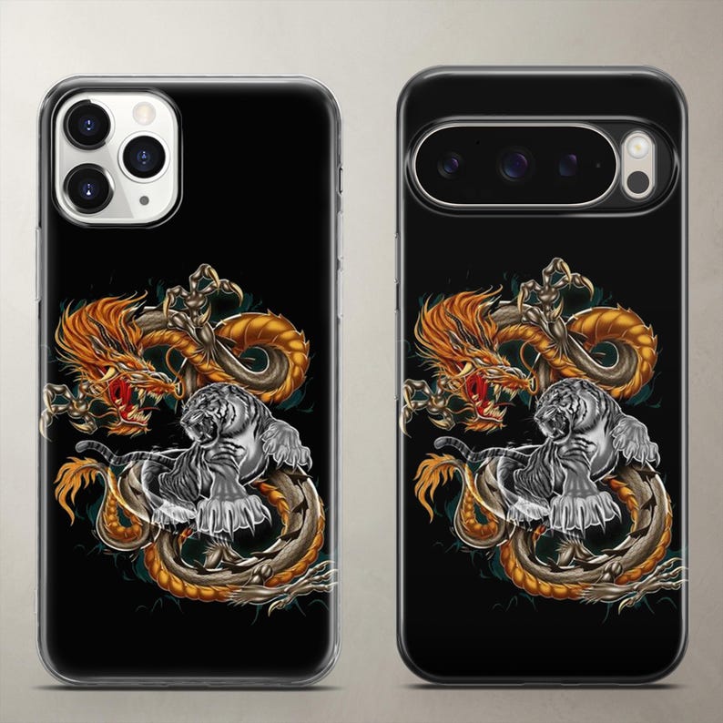 Intense wildlife and fantasy phone case featuring a fierce mythical battle between a white tiger and a golden dragon, shown on Apple iPhone and Google Pixel. Perfect aesthetic gift for dark art lovers and epic mythology fans. Accurately scaled to fit the heavy camera layouts of the newest models while keeping the highly detailed, dynamic epic illustration perfectly intact for daily heavy use