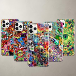 May include: Five smartphone cases featuring vibrant, multi-colored psychedelic artwork. The designs include intricate patterns, surreal faces, skulls, eyes, and swirling abstract shapes in bright neon hues of blue, green, red, yellow, and purple.