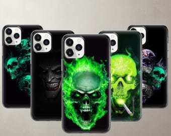 Funda para teléfono con calavera verde neón para iPhone 18 Pro Max 17 16e 15 14 13 12 SE Pixel 11 Pro XL 10A 9 Arte gótico oscuro llameante Funda de regalo para hombre