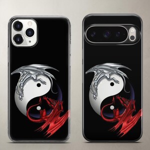 Dark aesthetic phone case featuring a silver and red dragon wrapping around a traditional yin-yang symbol on a deep black background, shown on Apple iPhone and Google Pixel. Precision-cut clear silicone protects your device from drops while keeping heavy-duty camera blocks free. Excellent everyday protective cover for fans of ancient eastern mythology, gothic art, and striking fantasy designs