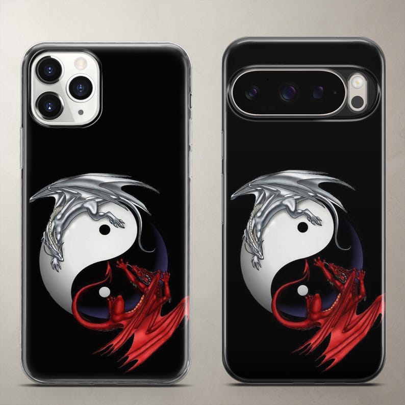 Dark aesthetic phone case featuring a silver and red dragon wrapping around a traditional yin-yang symbol on a deep black background, shown on Apple iPhone and Google Pixel. Precision-cut clear silicone protects your device from drops while keeping heavy-duty camera blocks free. Excellent everyday protective cover for fans of ancient eastern mythology, gothic art, and striking fantasy designs