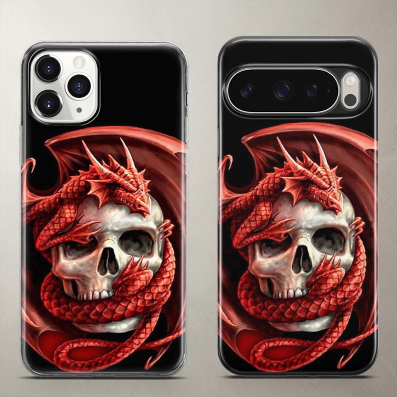 Epic fantasy phone case featuring a massive red dragon tightly wrapped around a creepy human skull on a black background, pictured on Apple iPhone and Google Pixel. High-resolution prints capture the intense gothic vibe perfectly, highlighting the red and bone colors. Durable, impact-resistant clear TPU silicone ensures reliable daily drop protection without hiding the camera lenses